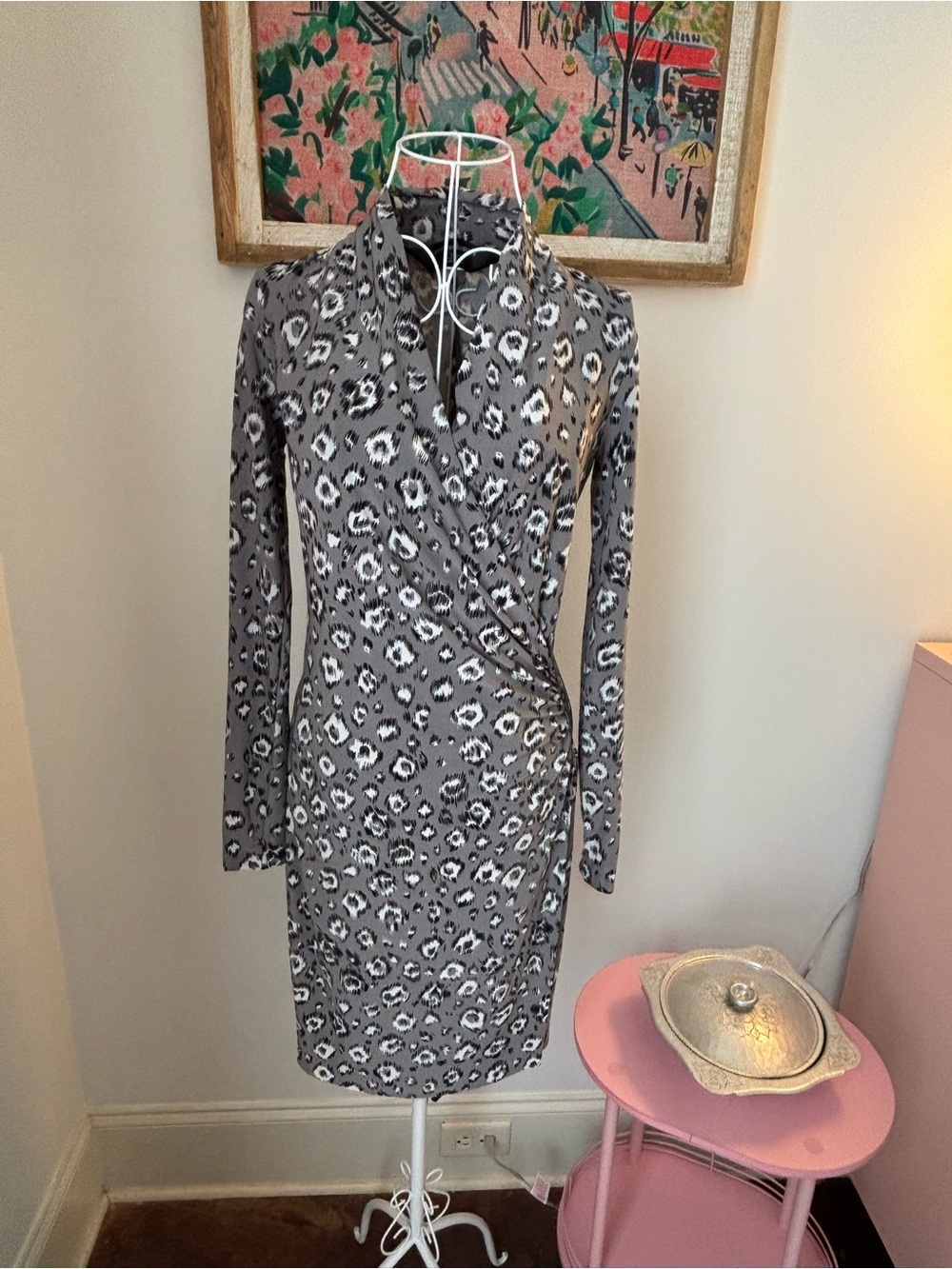 Gray Long-Sleeve Wrap Dress with Animal Print